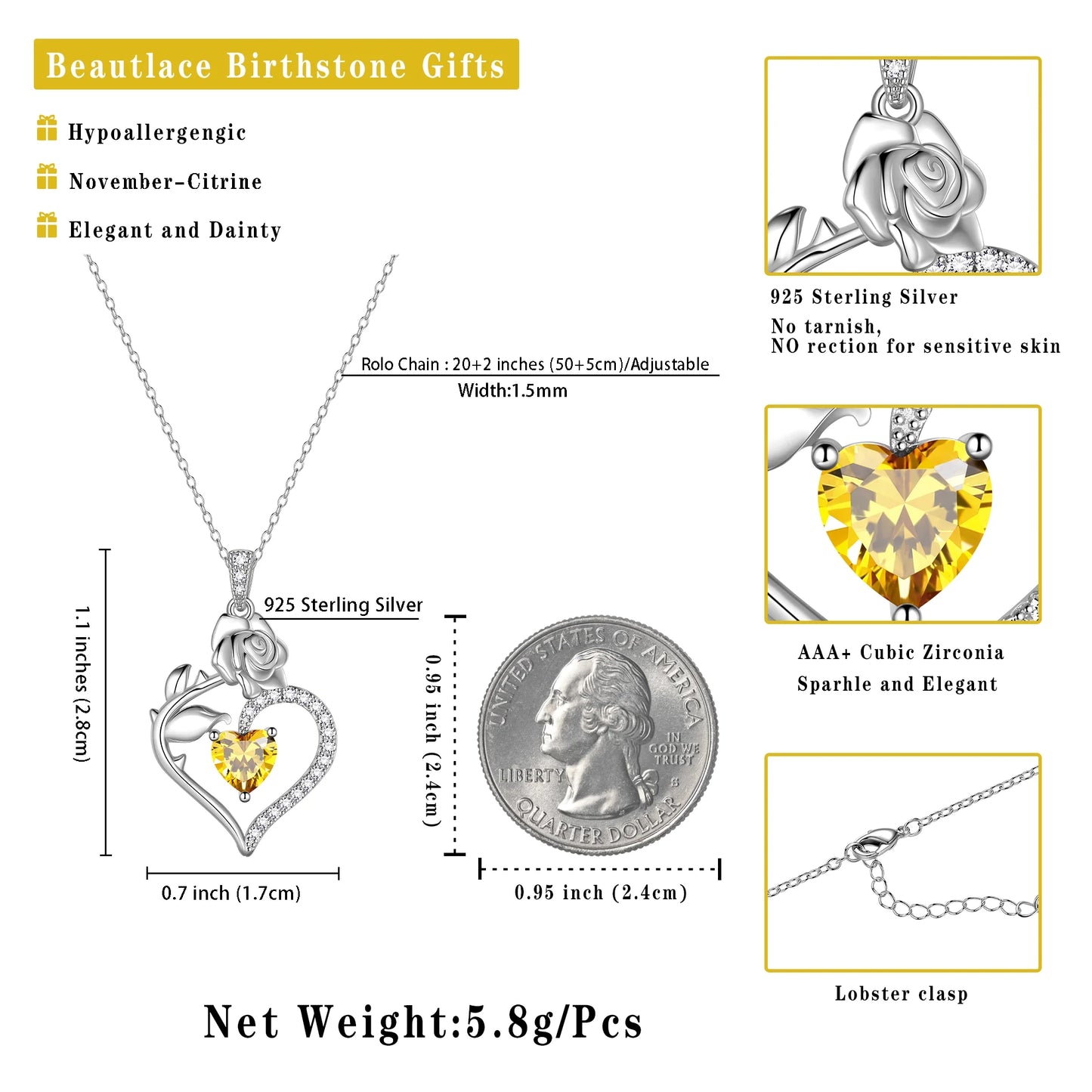925 Sterling Silver Birthstone Necklace Rose Flower Heart Pendant Jewelry Christmas Valentines Mother'S Day Gifts for Women Mom Wife/Lover