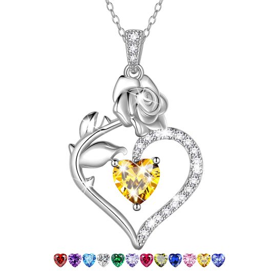 925 Sterling Silver Birthstone Necklace Rose Flower Heart Pendant Jewelry Christmas Valentines Mother'S Day Gifts for Women Mom Wife/Lover